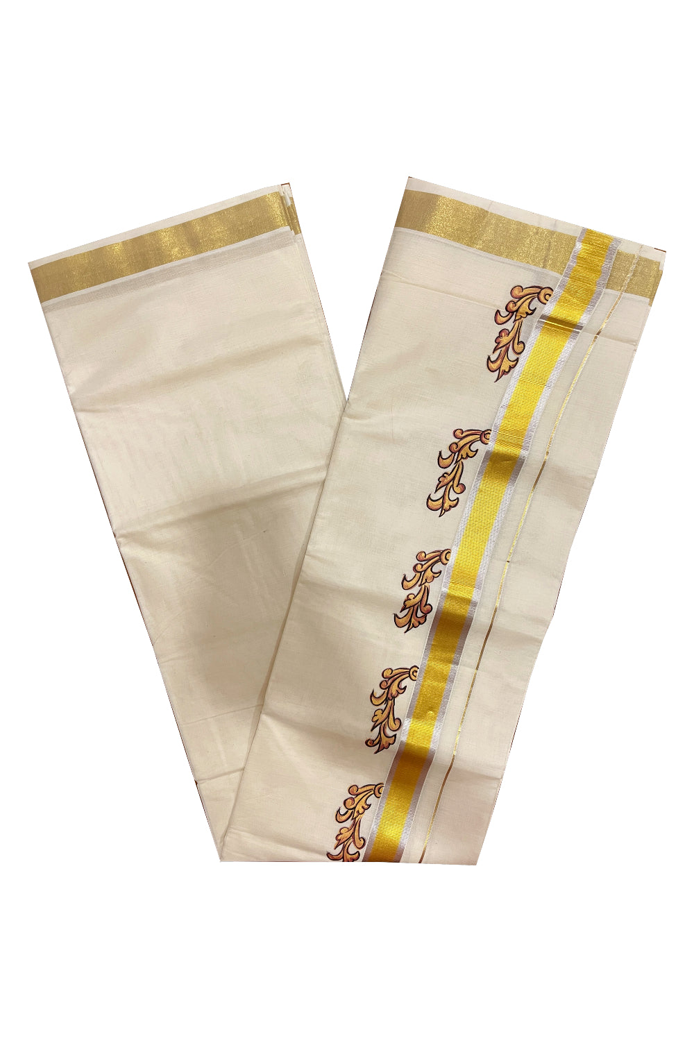 Off White Pure Cotton Double Mundu with Mural Hand Painted Design on Silver and Golden Kasavu Kara (South Indian Kerala Dhoti)