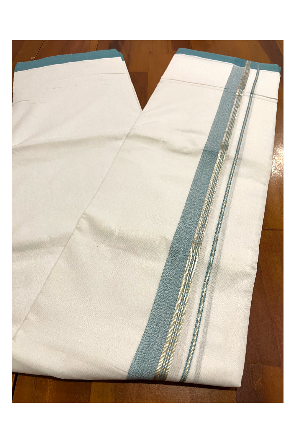 Pure White Cotton Double Mundu with Green and Silver Kasavu Border (South Indian Kerala Dhoti)