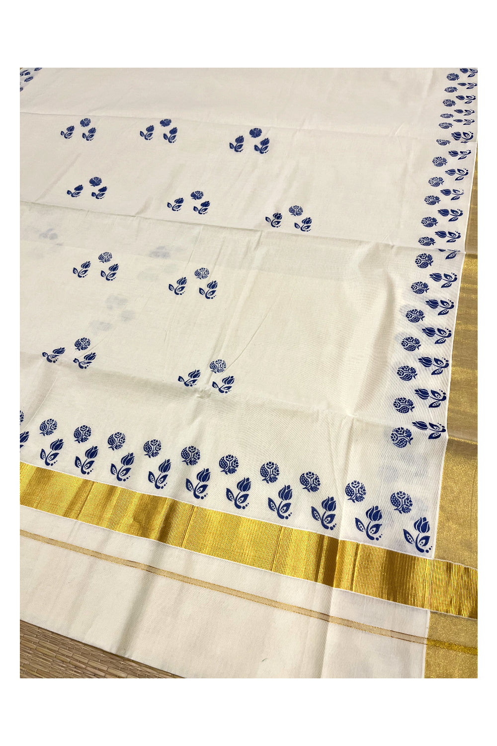 Pure Cotton Kerala Kasavu Saree with Blue Block Prints and Kasavu Border