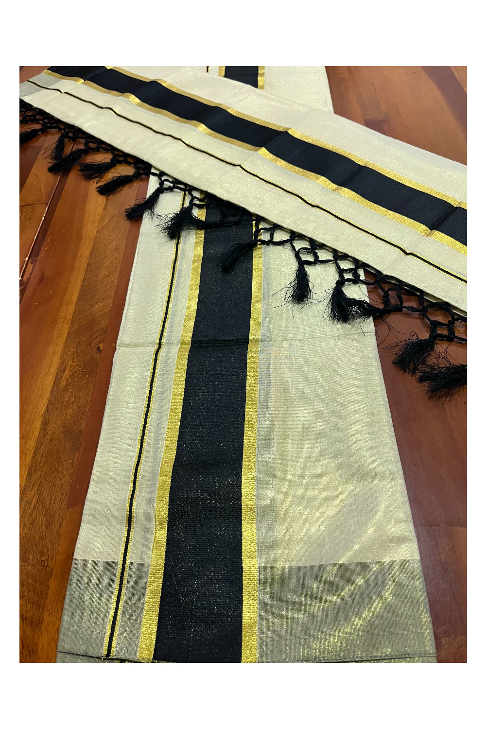 Kerala Tissue Kasavu Set Mundu (Mundum Neriyathum) with Black Kara and Tassels on Pallu 2.50 Mtrs