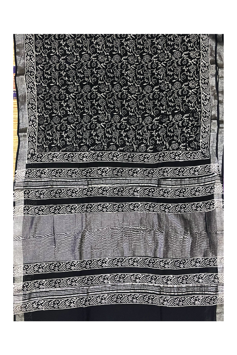 Southloom Designer Printed Black Linen Saree