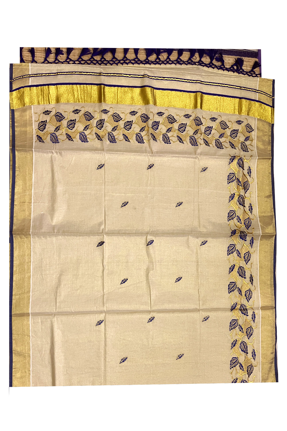 Kerala Tissue Kasavu Heavy Work Saree with Golden and Blue Leaf Embroidery Design