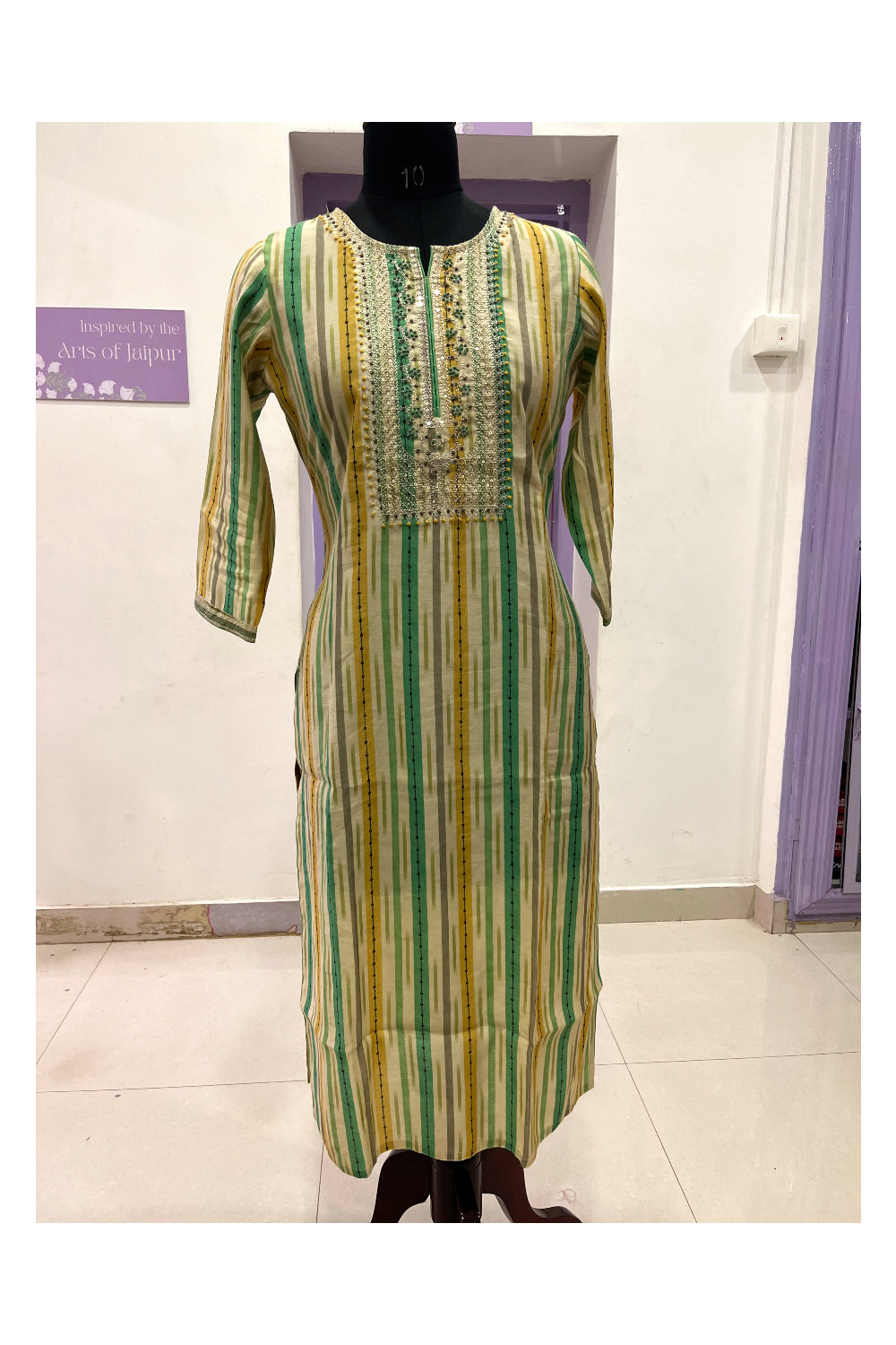 Southloom Stitched Semi Silk Salwar Set with Green Yellow Lines Design