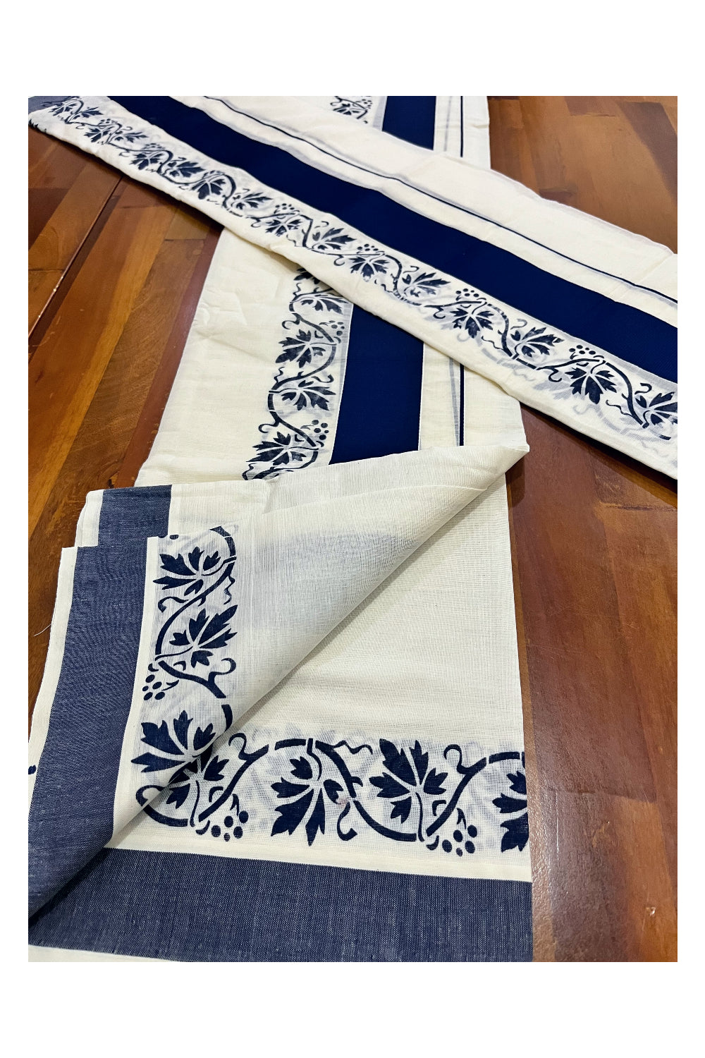 Kerala Pure Cotton Set Mundu Single (Mundum Neriyathum) with Dark Blue Floral Block Prints