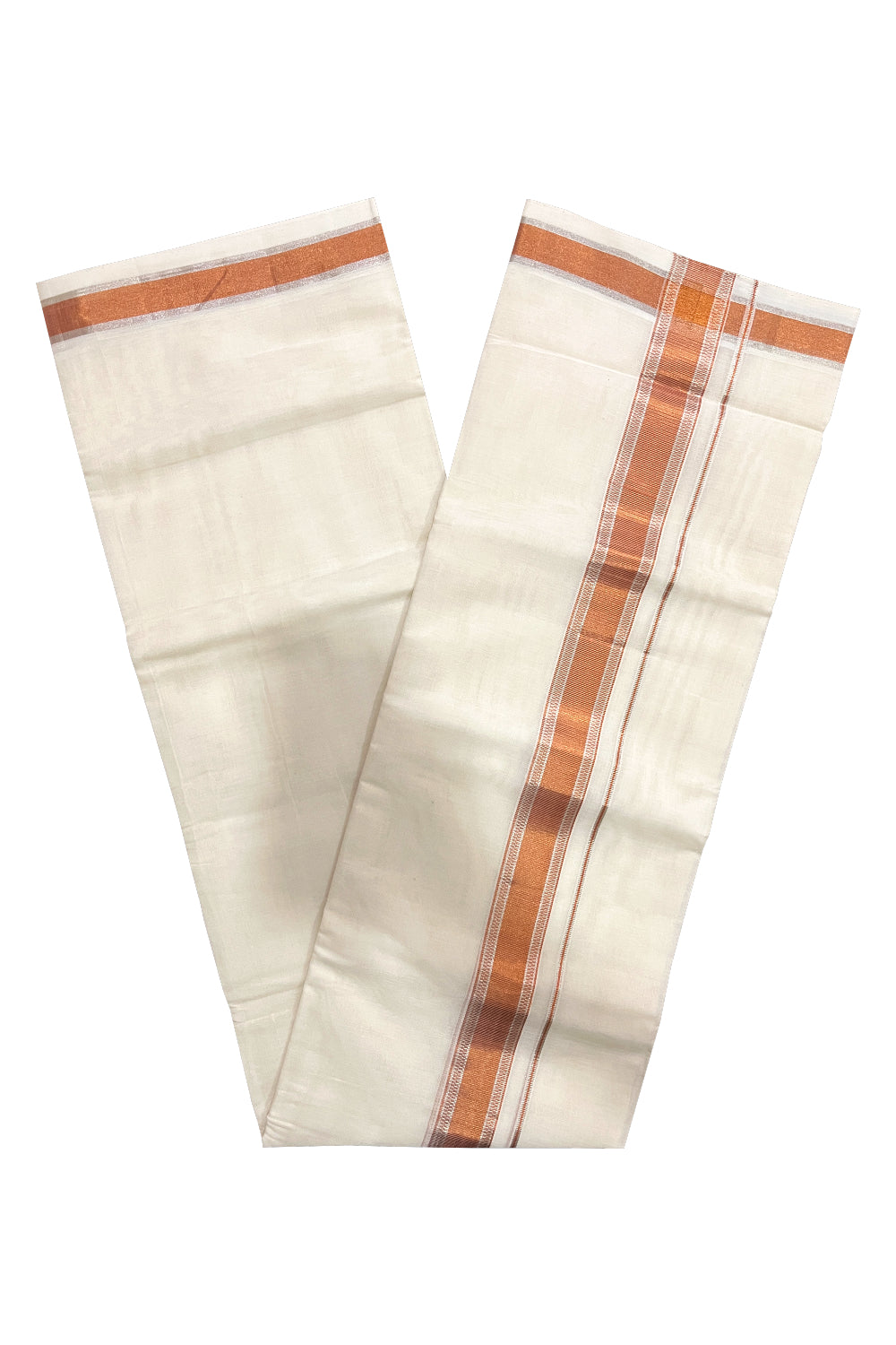 Southloom Premium Handloom Cotton Double Mundu with Silver and Copper Kasavu Design Border (South Indian Kerala Dhoti)