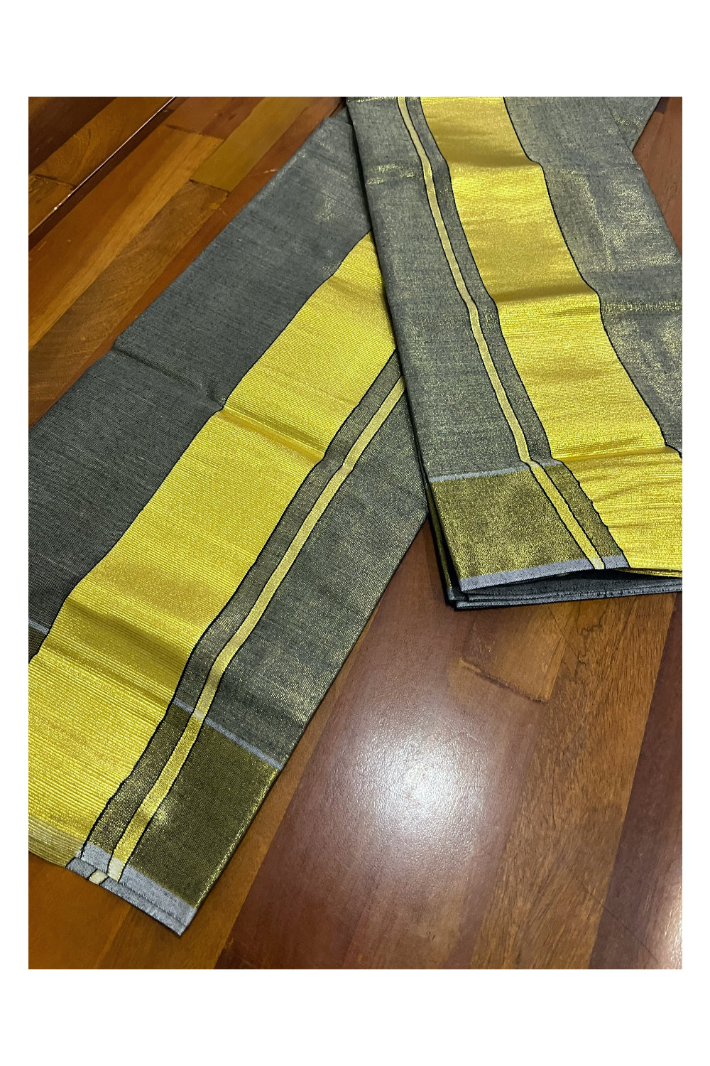 Kerala Black Tissue Set Mundu (Mundum Neriyathum) with 3 inch Kasavu Border (Onam Set Mundu 2023)