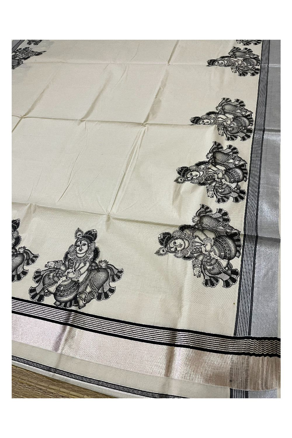 Pure Cotton Kerala Silver Kasavu Saree with Krishna Mural Prints and Black Border (Onam Saree 2023)