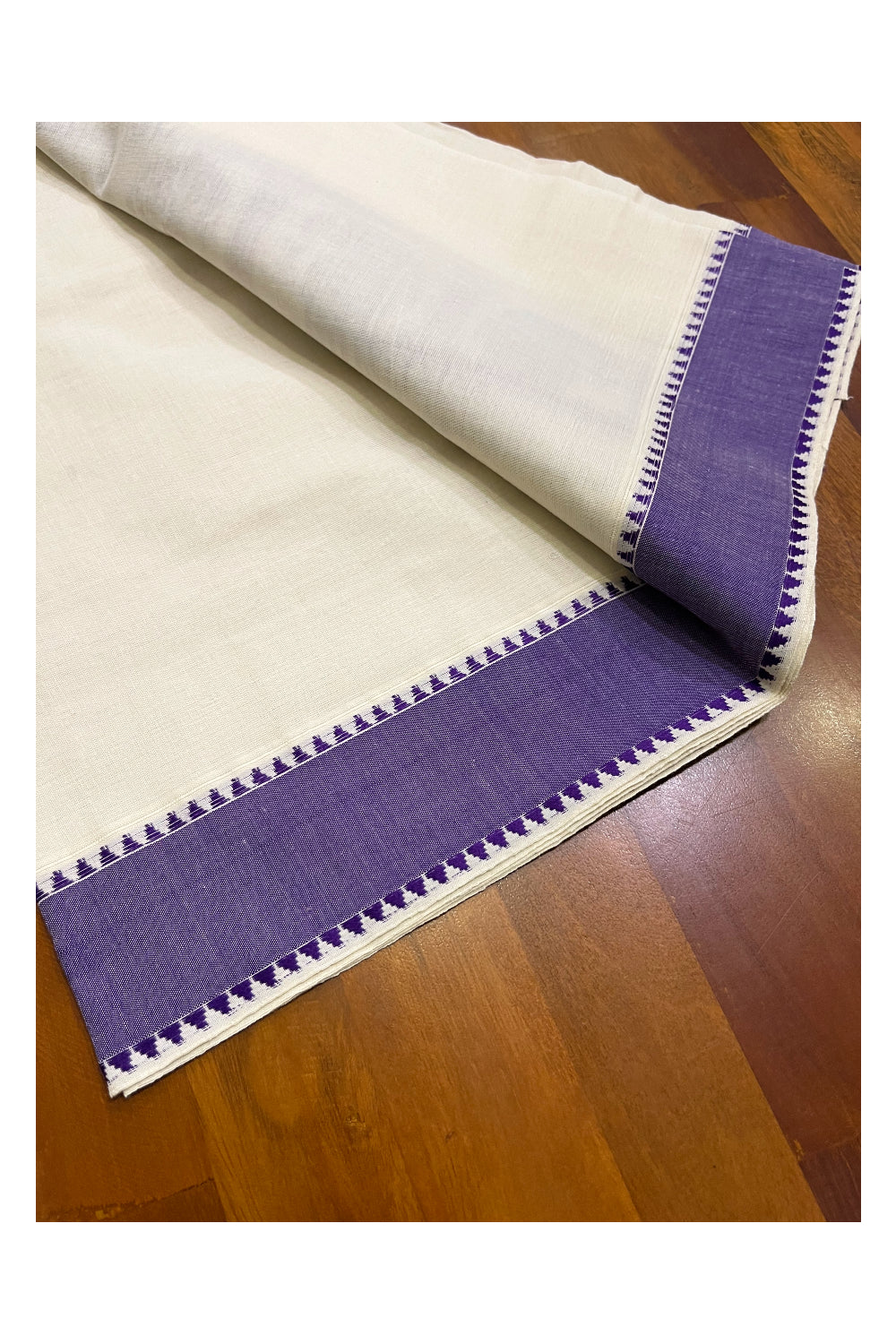 Kerala Cotton Single Set Mundu (Mundum Neriyathum) with Violet Woven Designs on Border - 2.80Mtrs