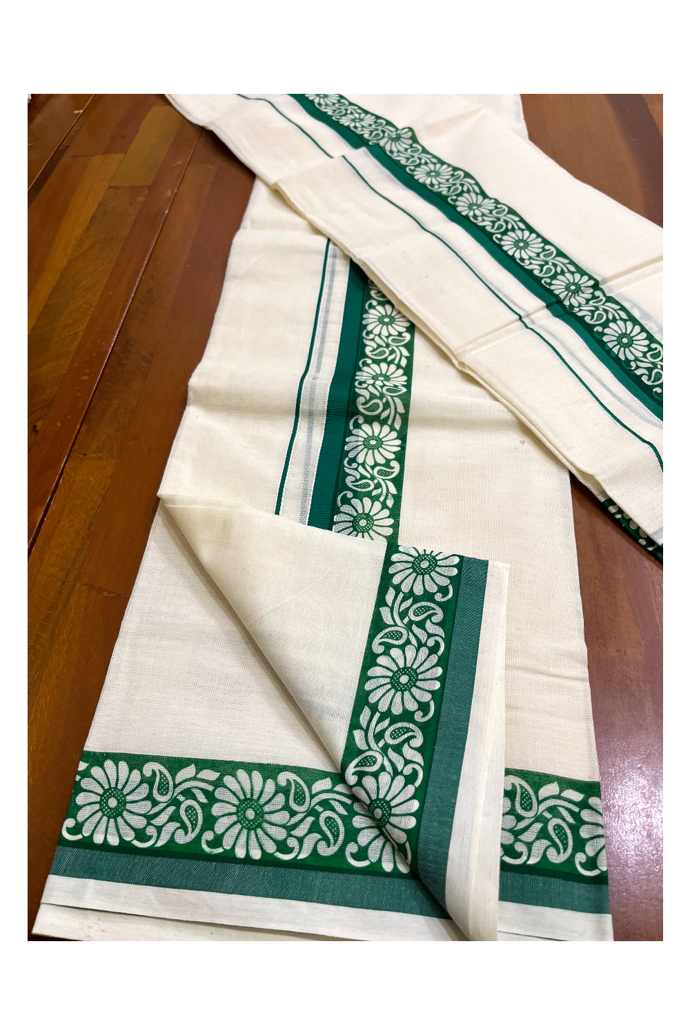 Kerala Cotton Kasavu Single Set Mundu (Mundum Neriyathum) with Green Kara and  Block prints (Onam 2024 Collection)