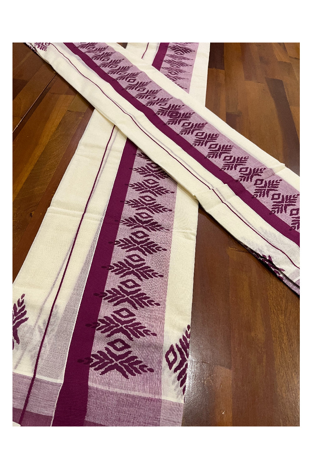 Cotton Kerala Single Set Mundu with Purple Block Printed Border