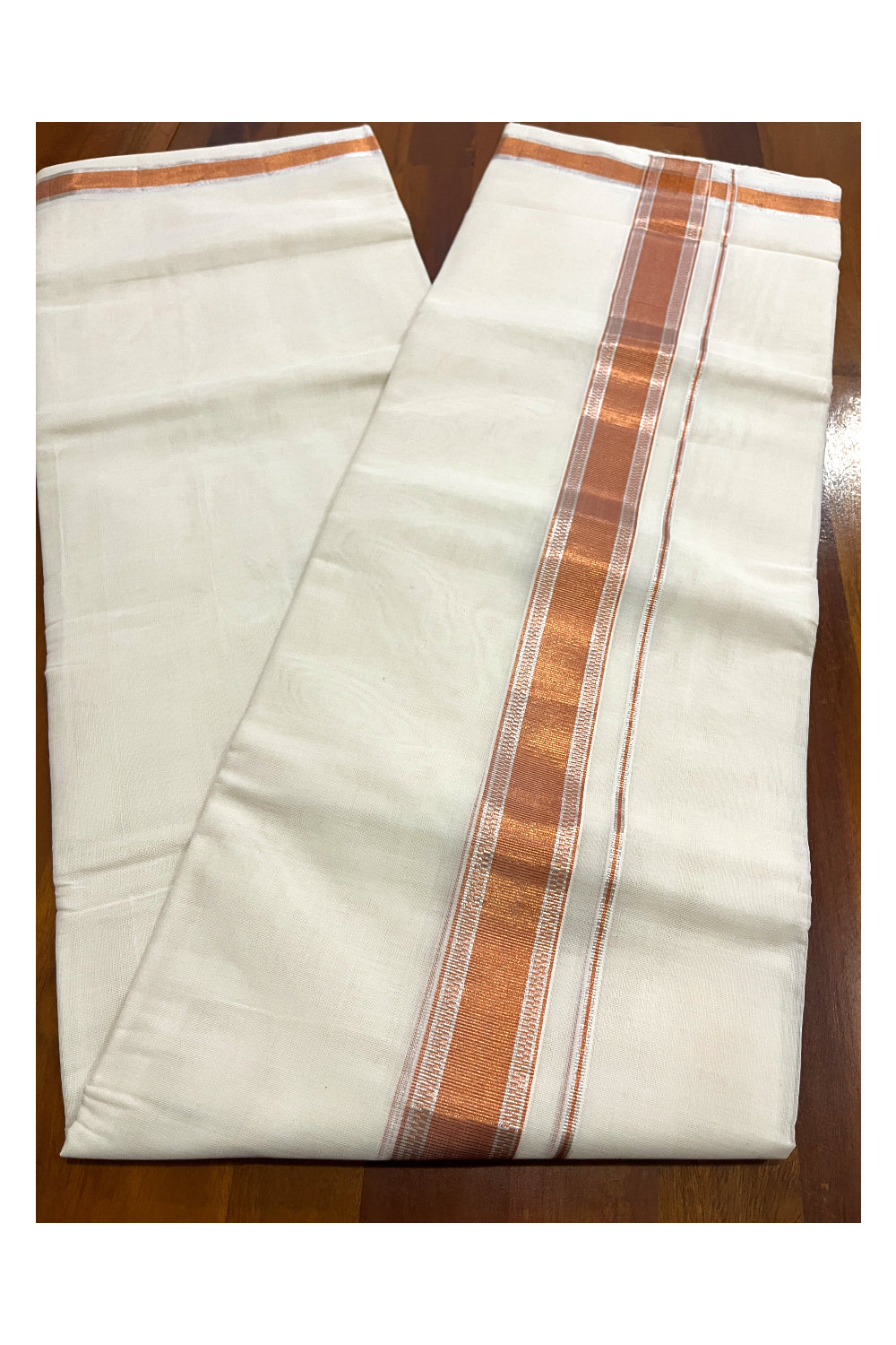 Southloom Premium Handloom Cotton Double Mundu with Silver and Copper Kasavu Design Border (South Indian Kerala Dhoti)