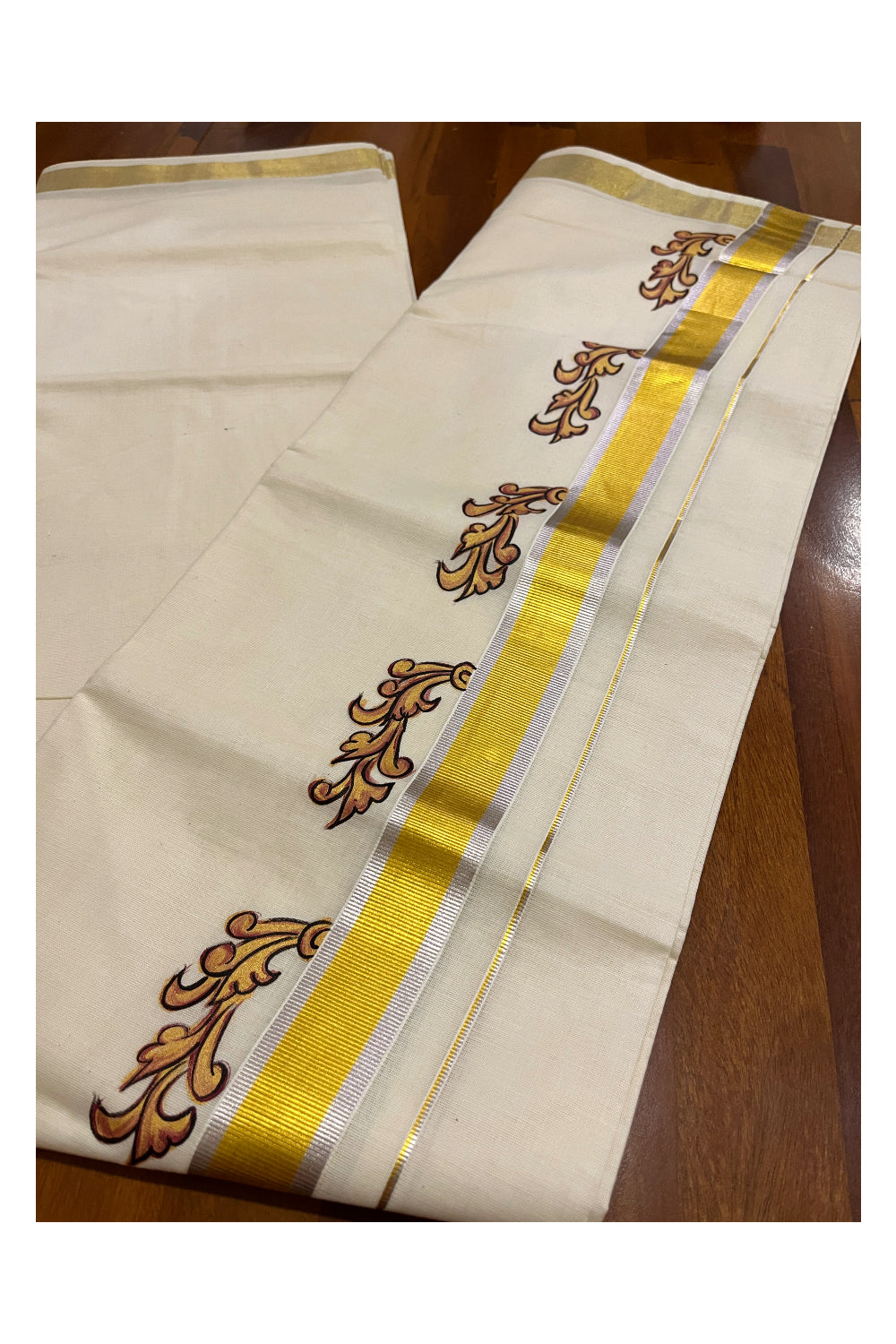 Off White Pure Cotton Double Mundu with Mural Hand Painted Design on Silver and Golden Kasavu Kara (South Indian Kerala Dhoti)