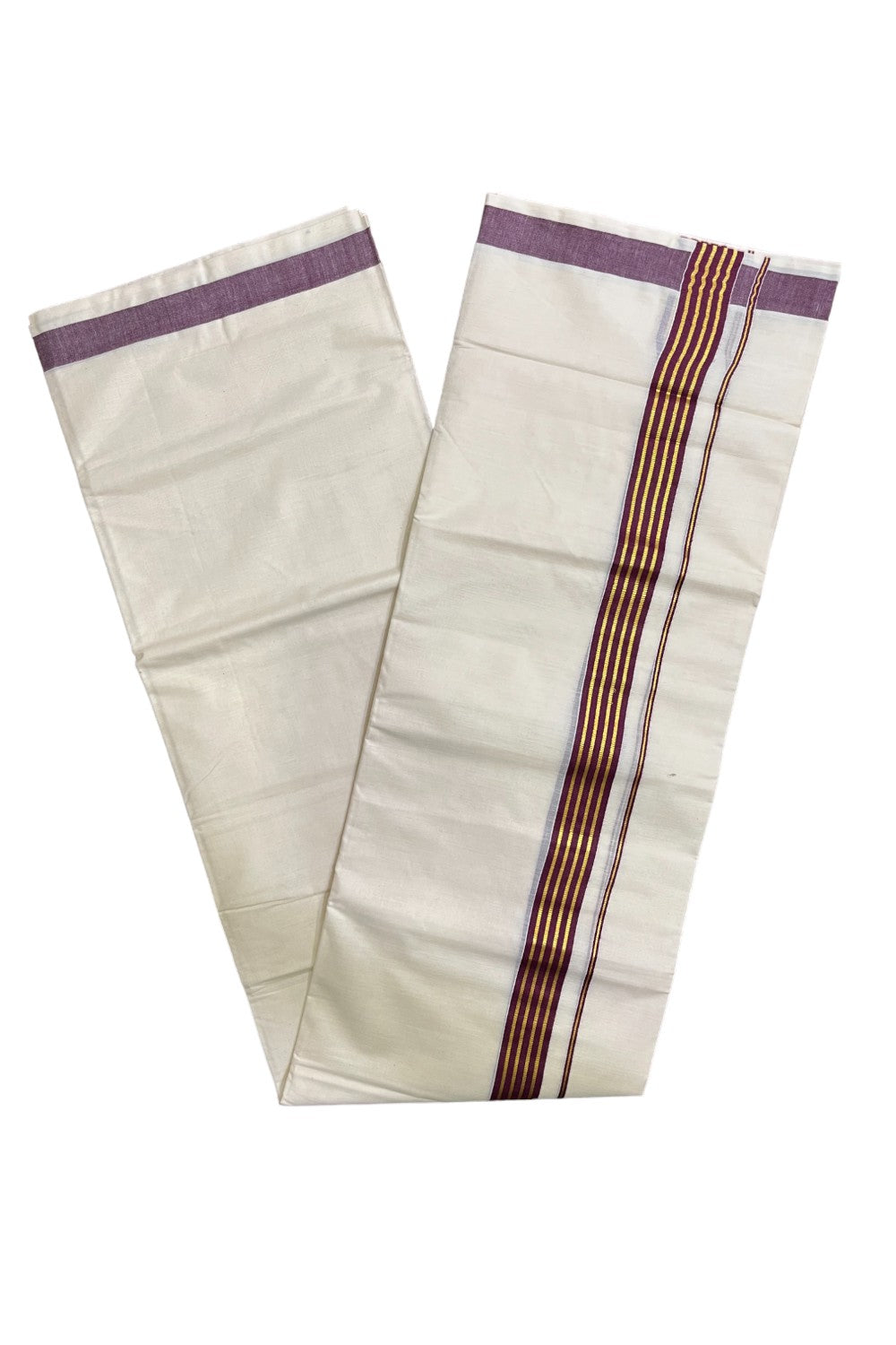 Kerala Pure Cotton Double Mundu with Purple and Kasavu Lines Border (South Indian Kerala Dhoti)