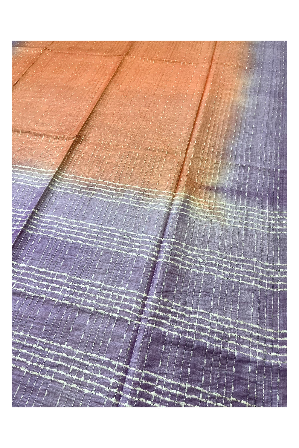 Southloom Semi Organza Check Design Peach Saree with Violet Border