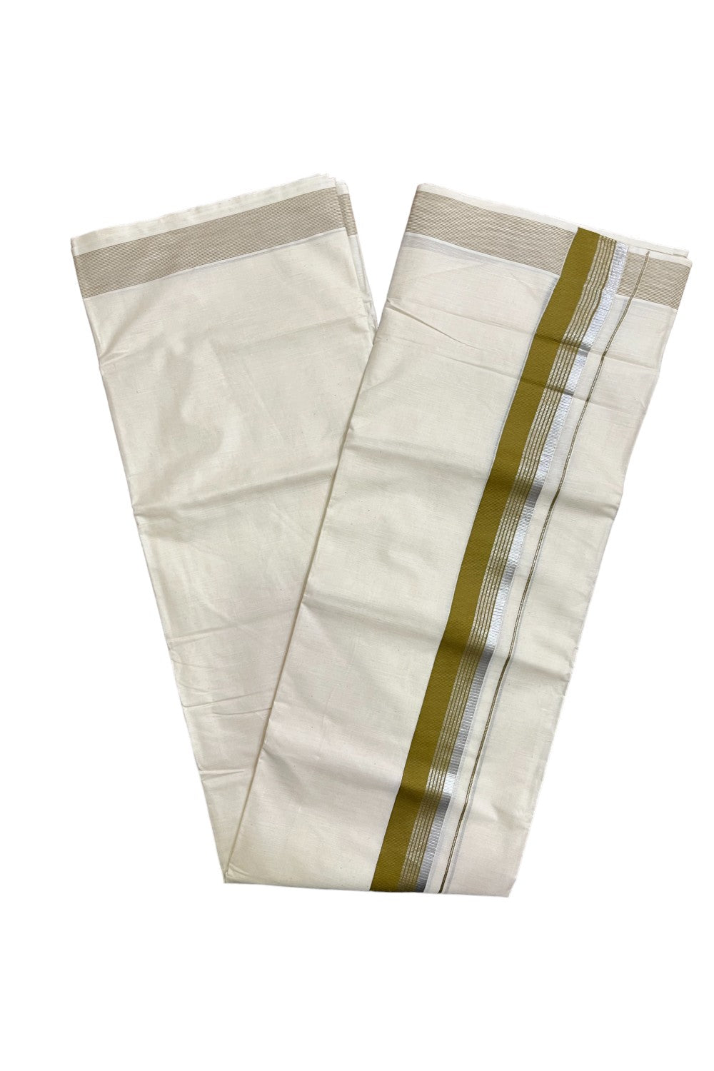 Off White Kerala Cotton Double Mundu with Silver Kasavu and Olive Green Border (South Indian Kerala Dhoti)