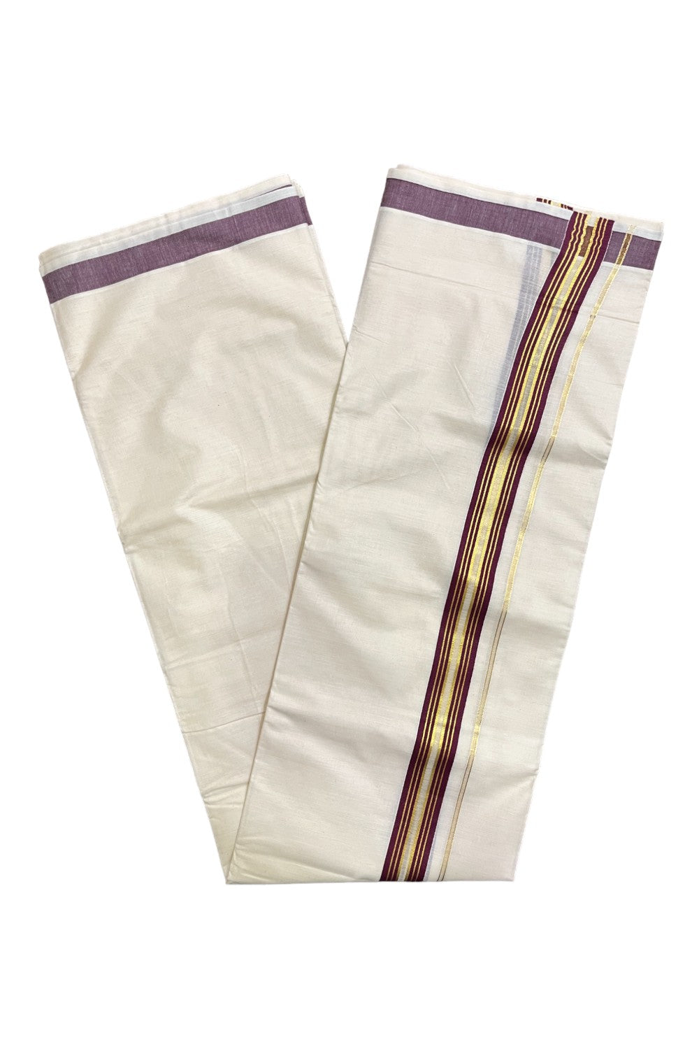 Kerala Pure Cotton Double Mundu with Purple and Kasavu Lines Border (South Indian Kerala Dhoti)