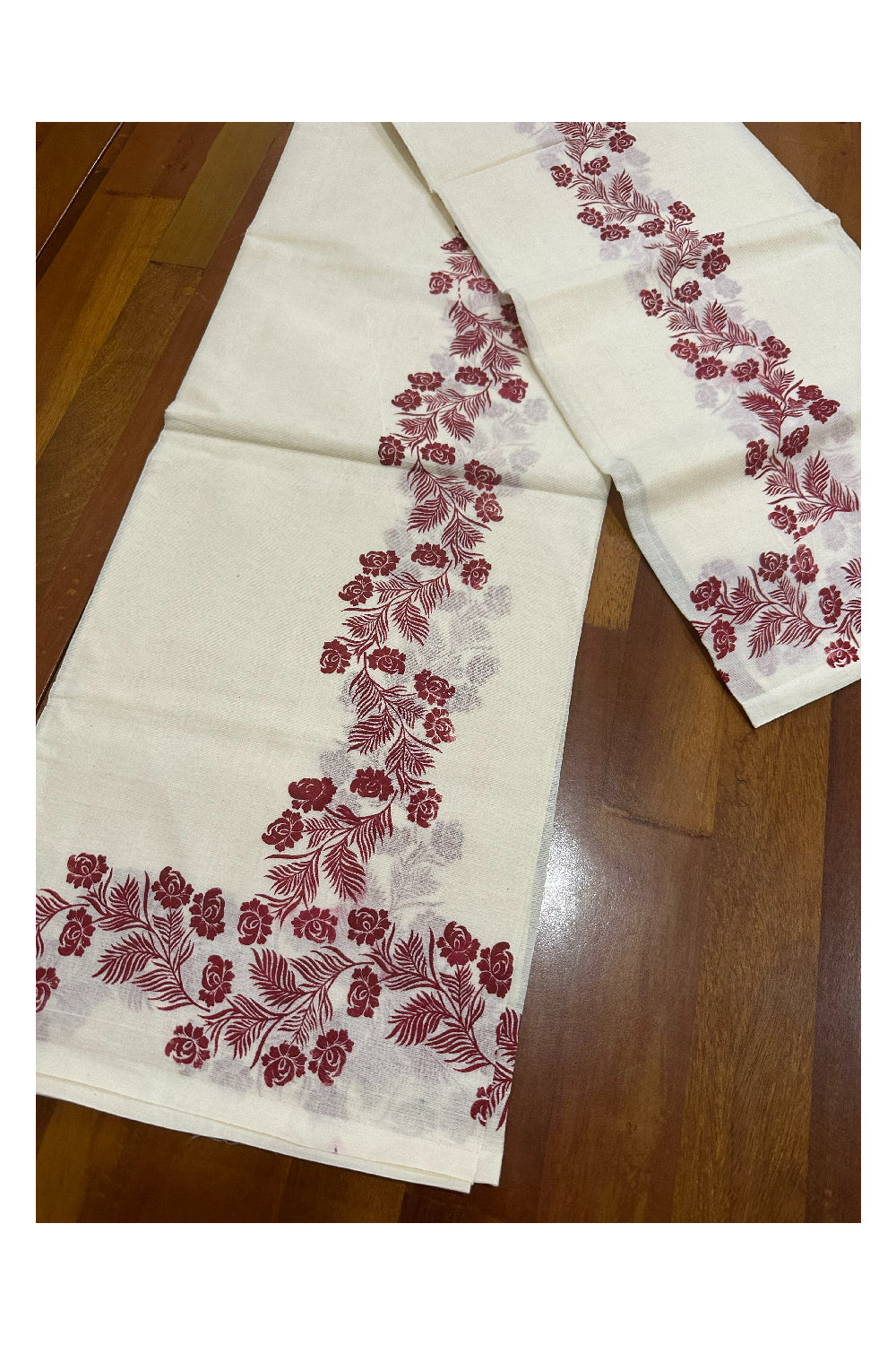 Kerala Cotton Set Mundu (Mundum Neriyathum) with Maroon Floral Block Printed Border (Onam Set Mundu 2023)