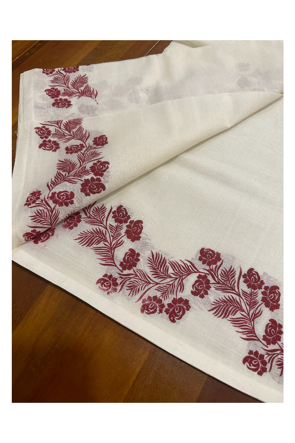 Kerala Cotton Set Mundu (Mundum Neriyathum) with Maroon Floral Block Printed Border (Onam Set Mundu 2023)