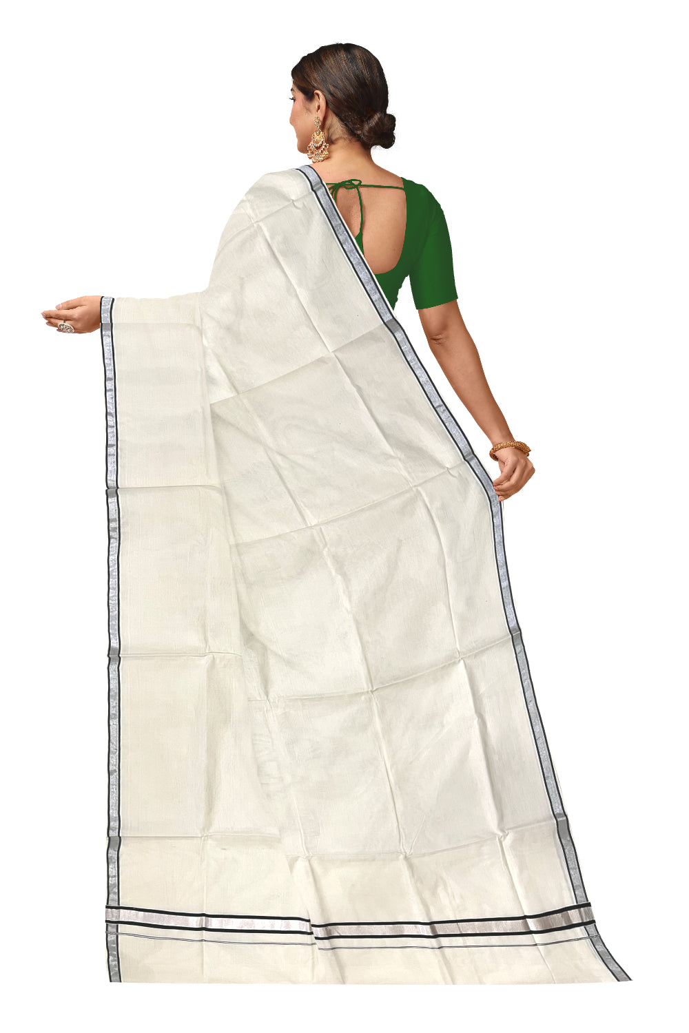 Pure Cotton Kerala Saree with Dark Green and Silver Kasavu Thin Border (Onam 2023 Saree)