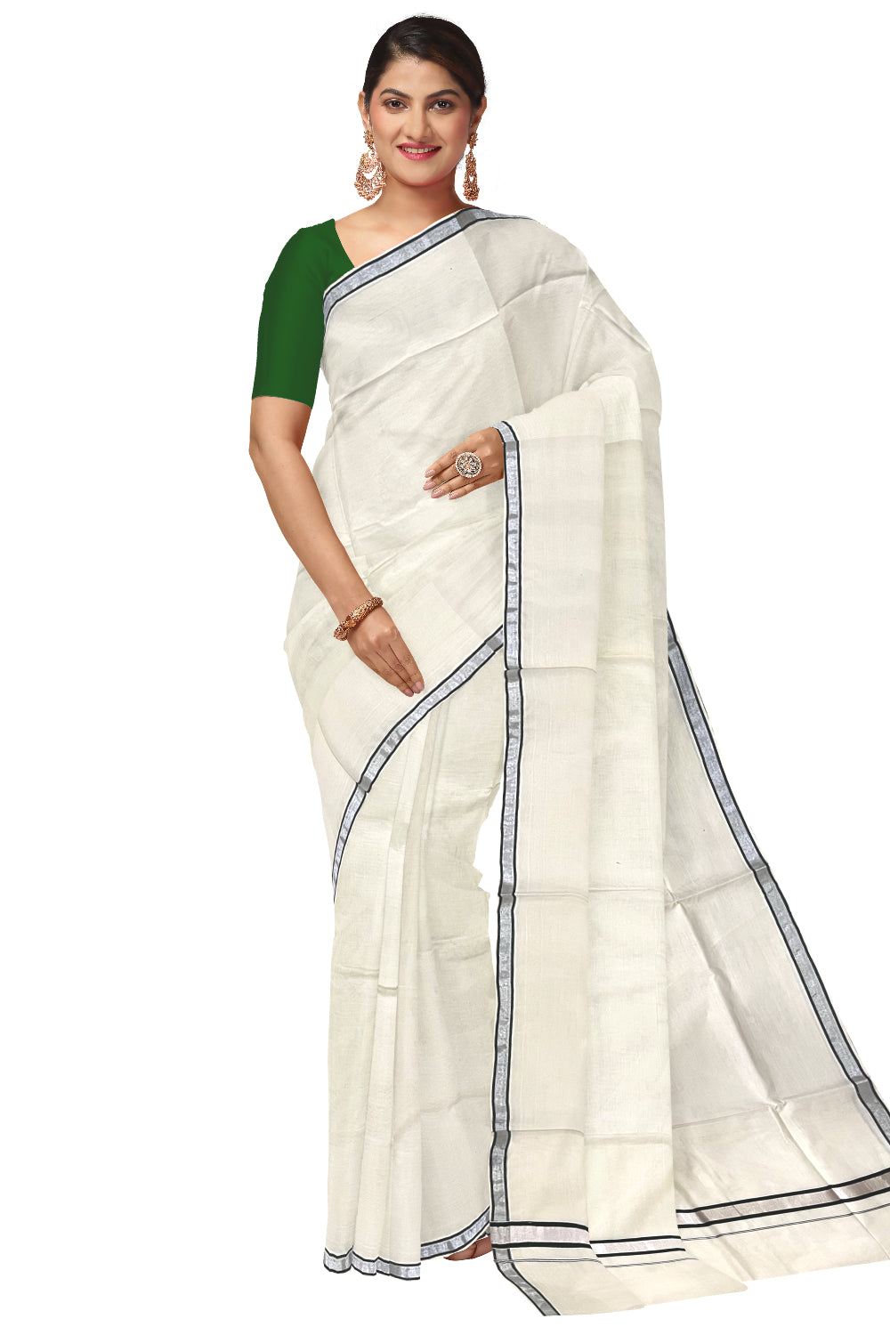 Pure Cotton Kerala Saree with Dark Green and Silver Kasavu Thin Border (Onam 2023 Saree)