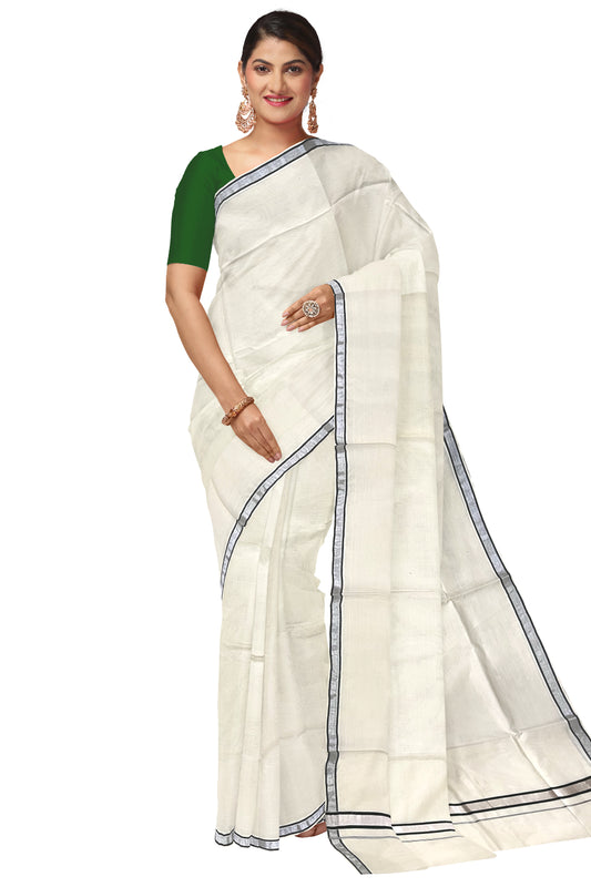 Pure Cotton Kerala Saree with Dark Green and Silver Kasavu Thin Border (Onam 2023 Saree)