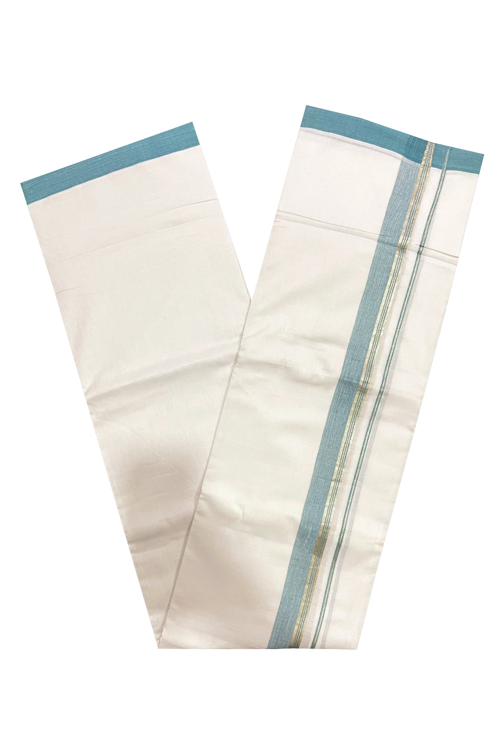 Pure White Cotton Double Mundu with Green and Silver Kasavu Border (South Indian Kerala Dhoti)