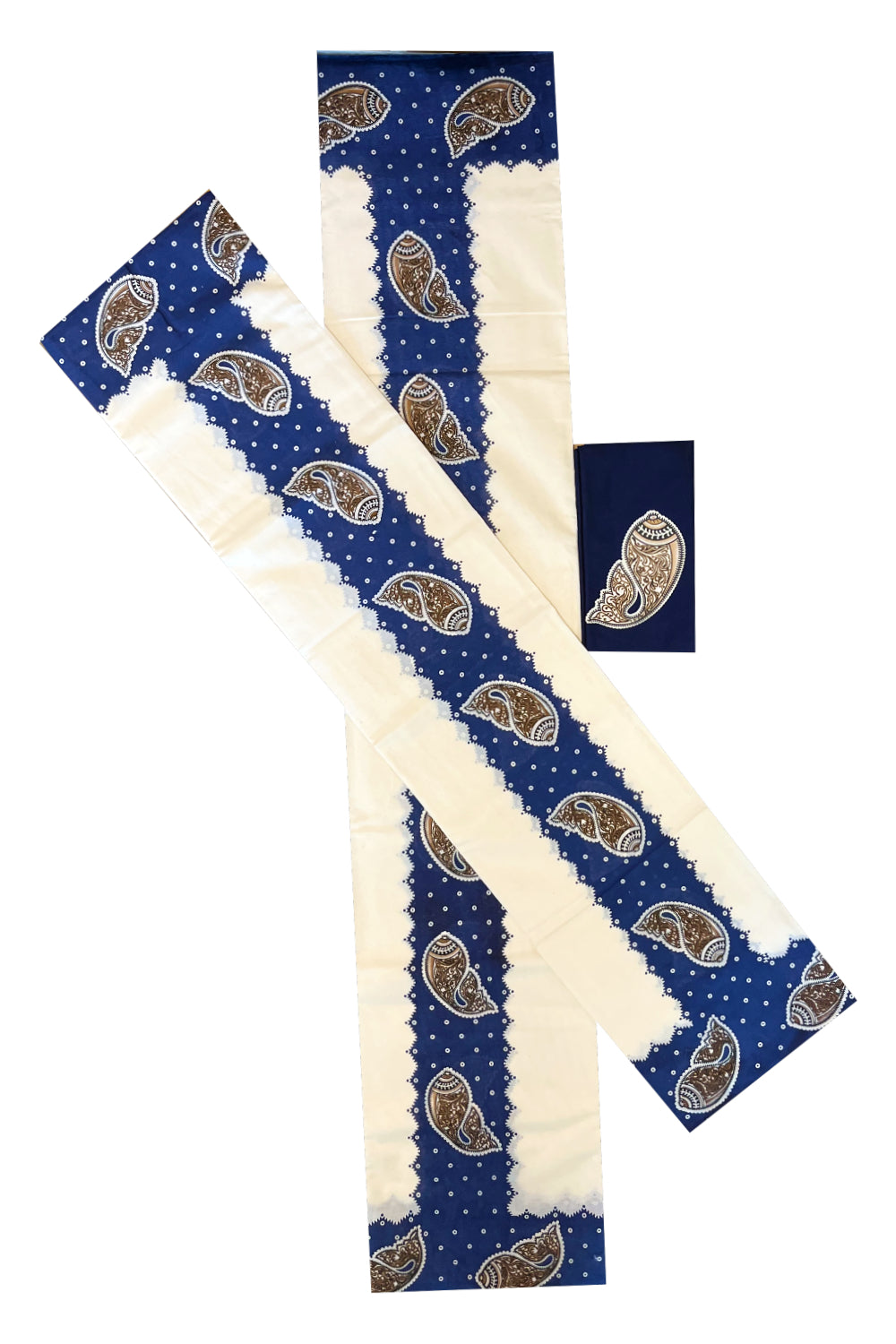 Kerala Cotton Single Set Mundu (Mundum Neriyathum) with Mural Prints on Blue Border And Matching Blouse Piece (2.80 Mtrs)