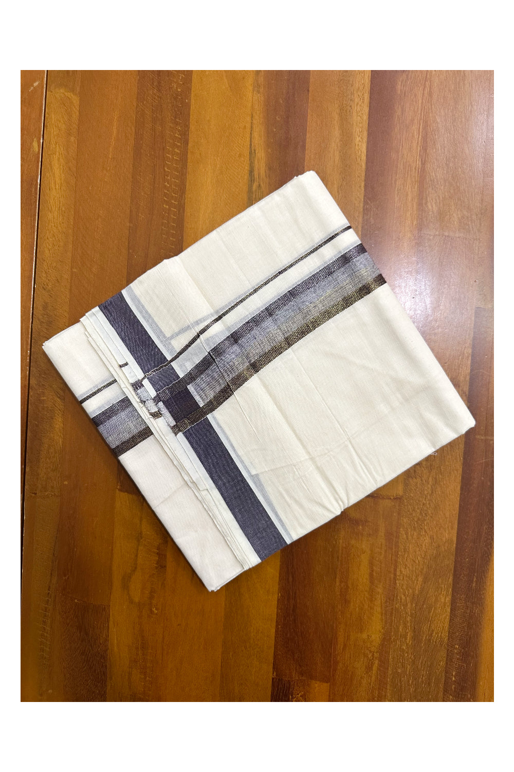 Off White Pure Cotton Double Mundu with Violet Kara (South Indian Kerala Dhoti)