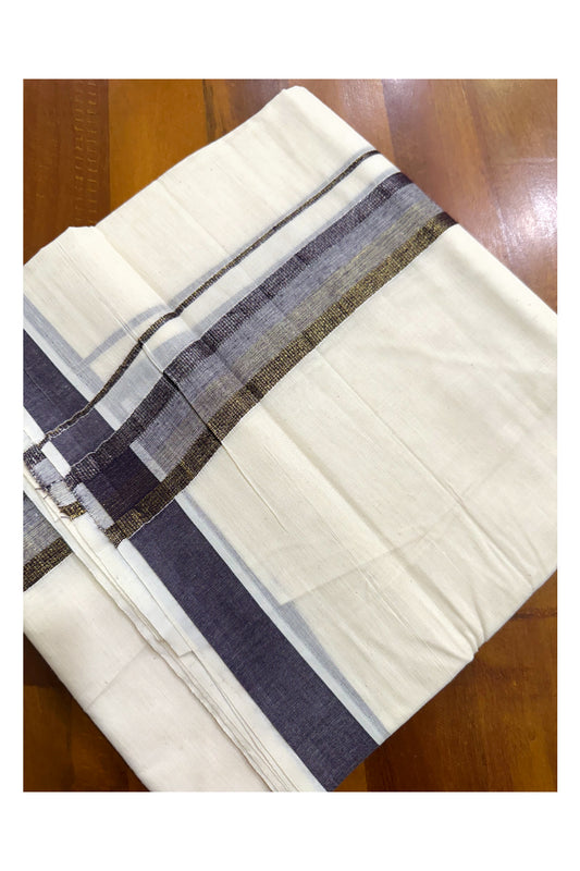 Off White Pure Cotton Double Mundu with Violet Kara (South Indian Kerala Dhoti)