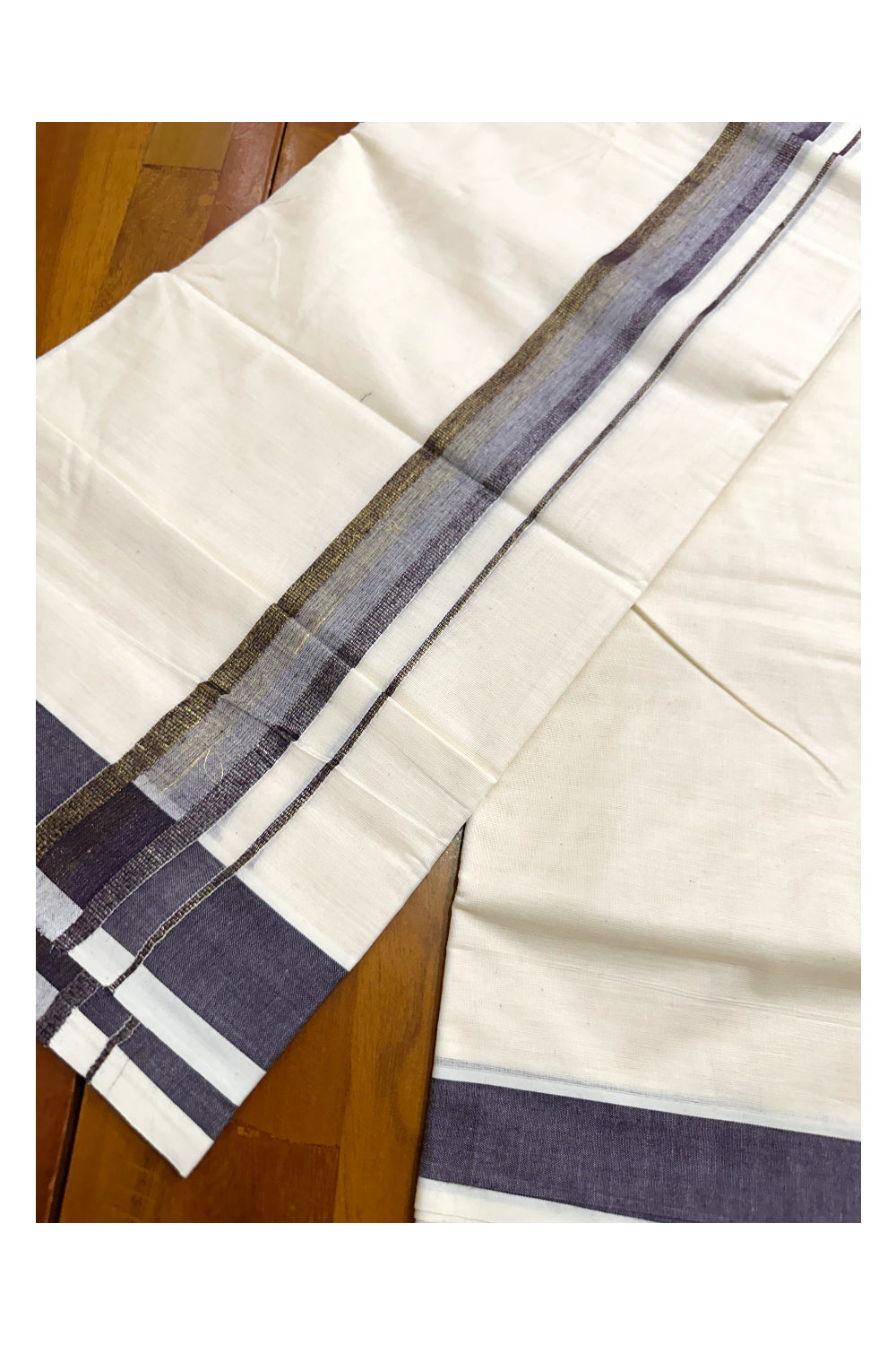 Off White Pure Cotton Double Mundu with Violet Kara (South Indian Kerala Dhoti)