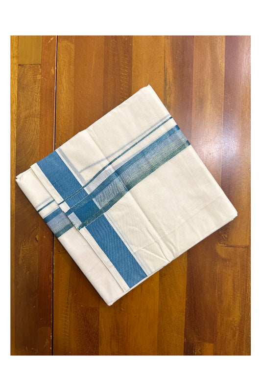 Off White Pure Cotton Double Mundu with Blue Kara (South Indian Kerala Dhoti)