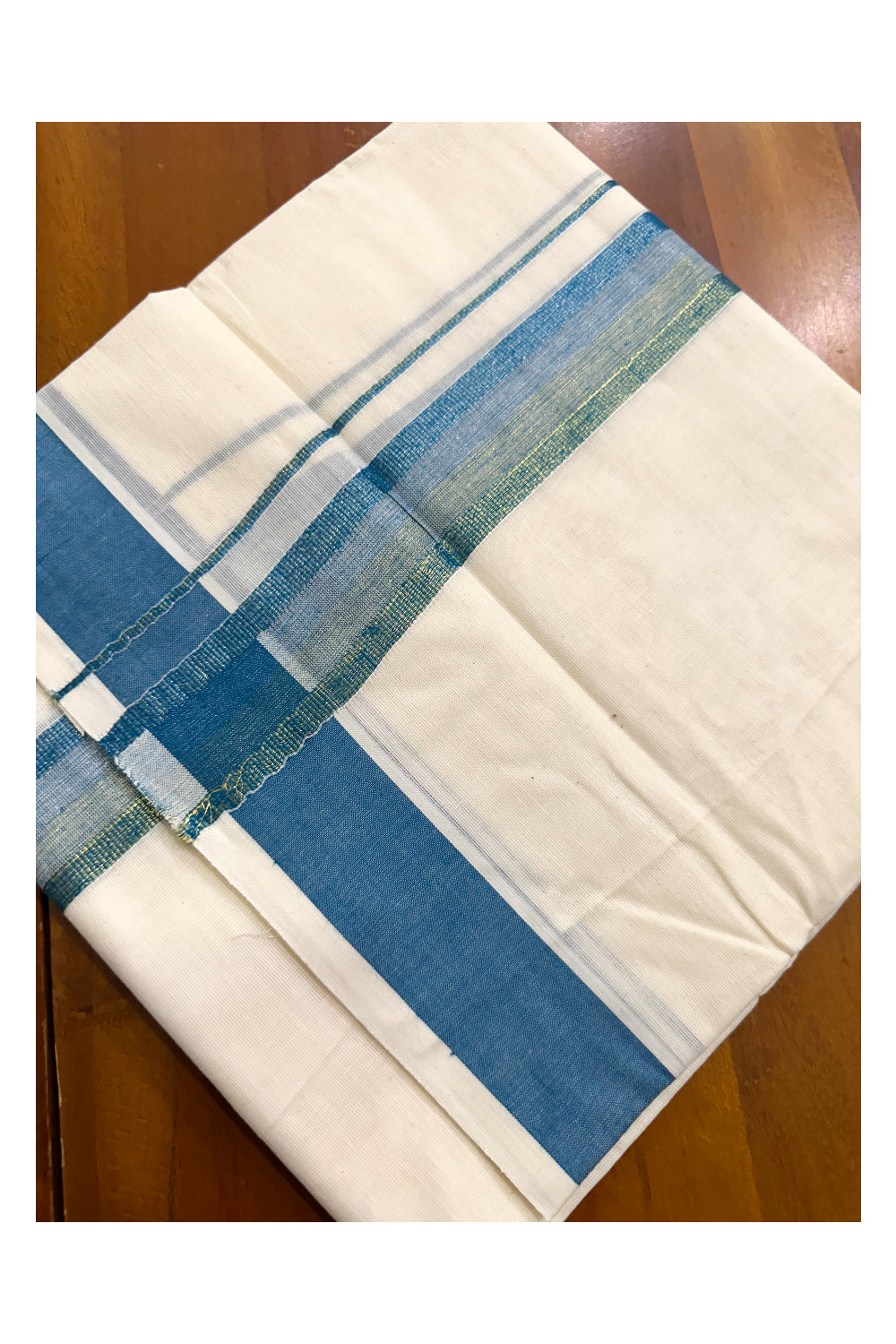 Off White Pure Cotton Double Mundu with Blue Kara (South Indian Kerala Dhoti)