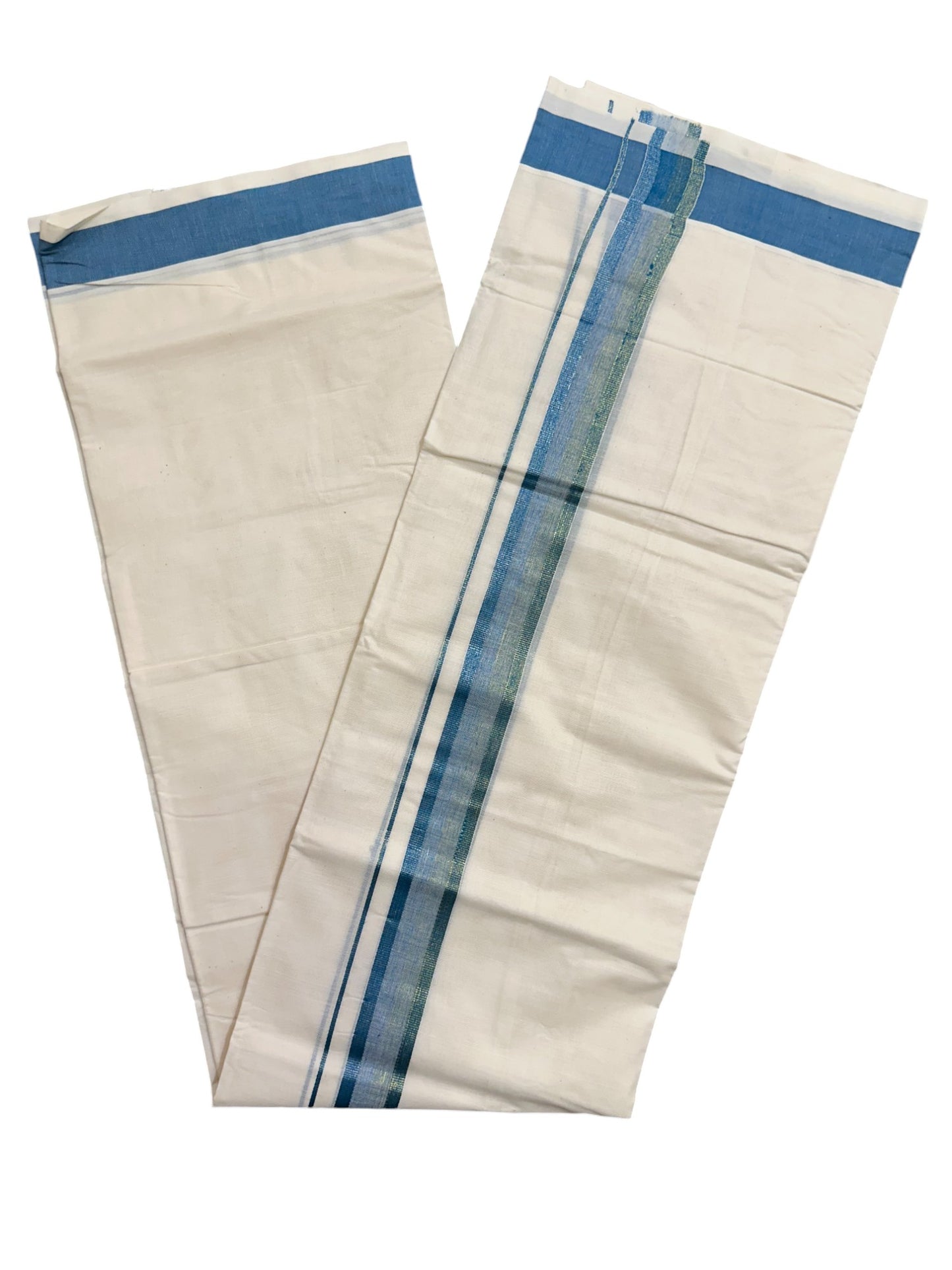 Off White Pure Cotton Double Mundu with Blue Kara (South Indian Kerala Dhoti)