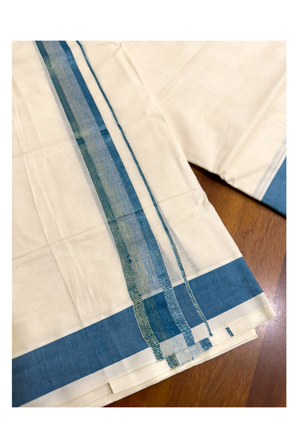 Off White Pure Cotton Double Mundu with Blue Kara (South Indian Kerala Dhoti)