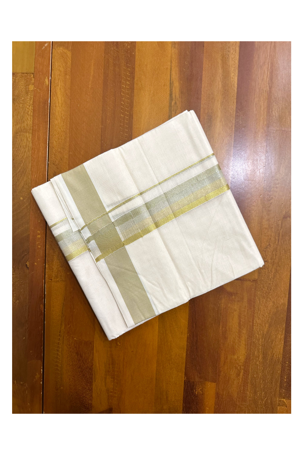 Off White Pure Cotton Double Mundu with Green Kara (South Indian Kerala Dhoti)