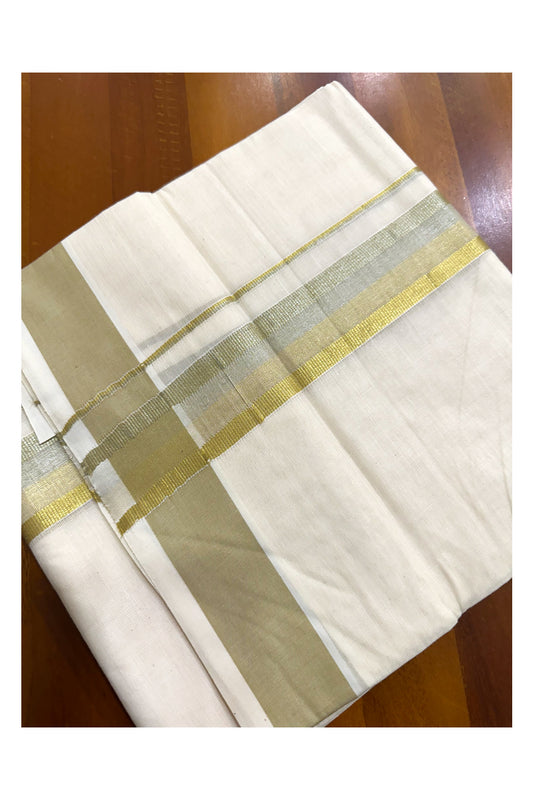 Off White Pure Cotton Double Mundu with Green Kara (South Indian Kerala Dhoti)