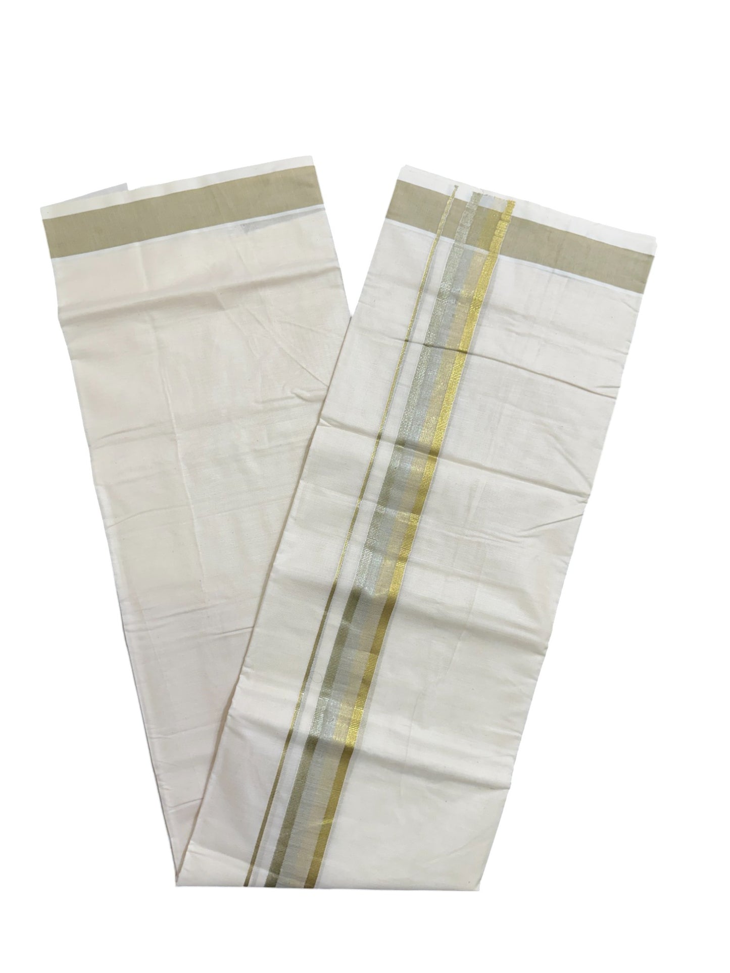 Off White Pure Cotton Double Mundu with Green Kara (South Indian Kerala Dhoti)