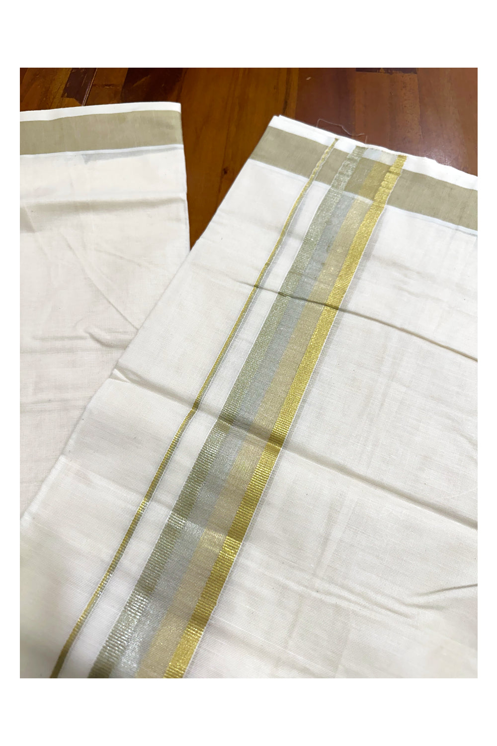 Off White Pure Cotton Double Mundu with Green Kara (South Indian Kerala Dhoti)