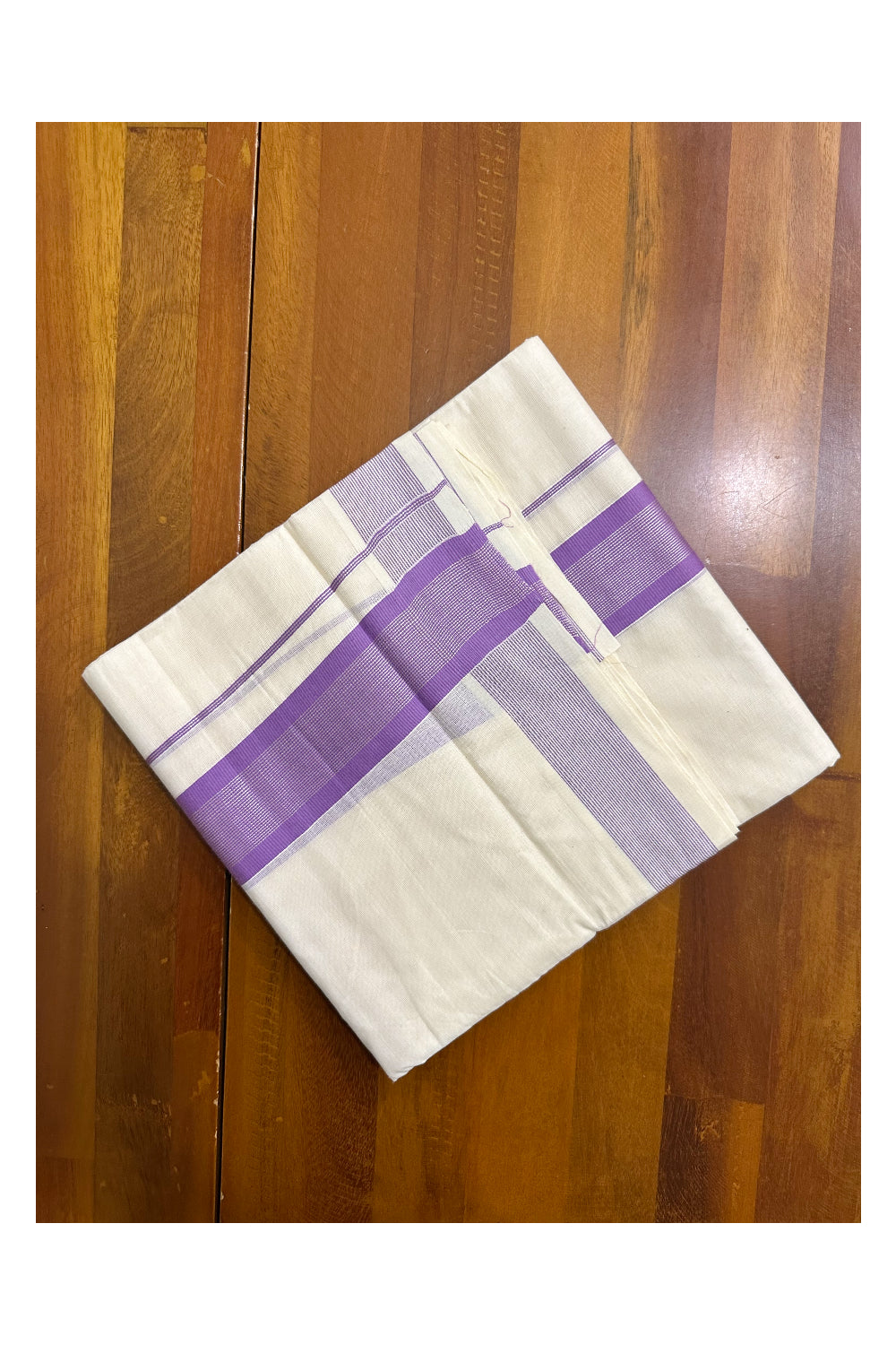 Off White Pure Cotton Double Mundu with Lavender And Silver Kasavu Border (South Indian Kerala Dhoti)