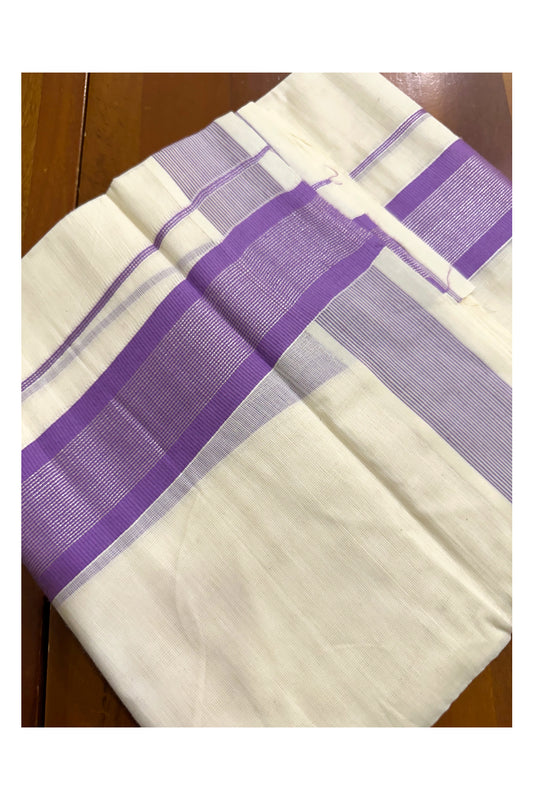 Off White Pure Cotton Double Mundu with Lavender And Silver Kasavu Border (South Indian Kerala Dhoti)