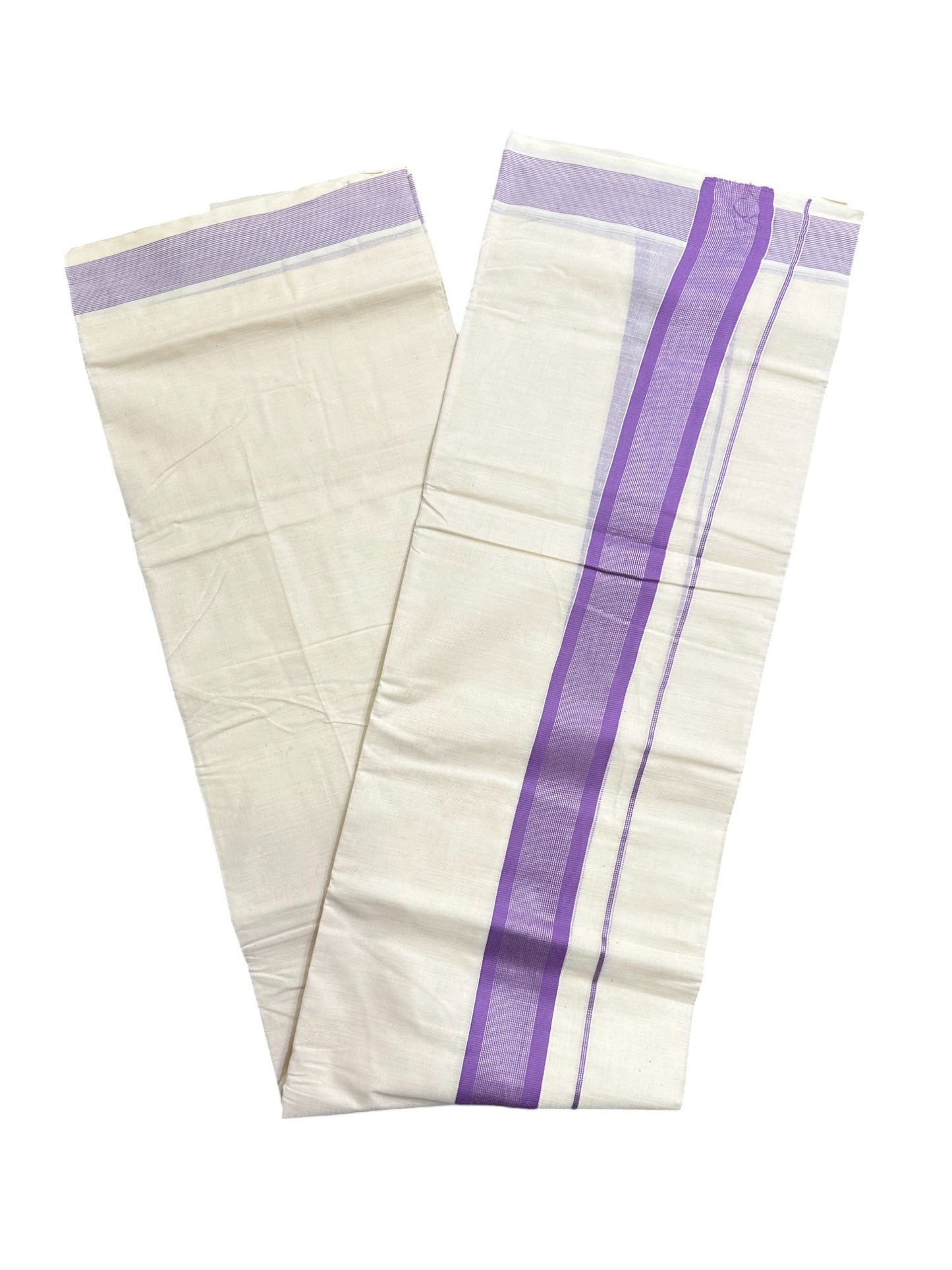 Off White Pure Cotton Double Mundu with Lavender And Silver Kasavu Border (South Indian Kerala Dhoti)