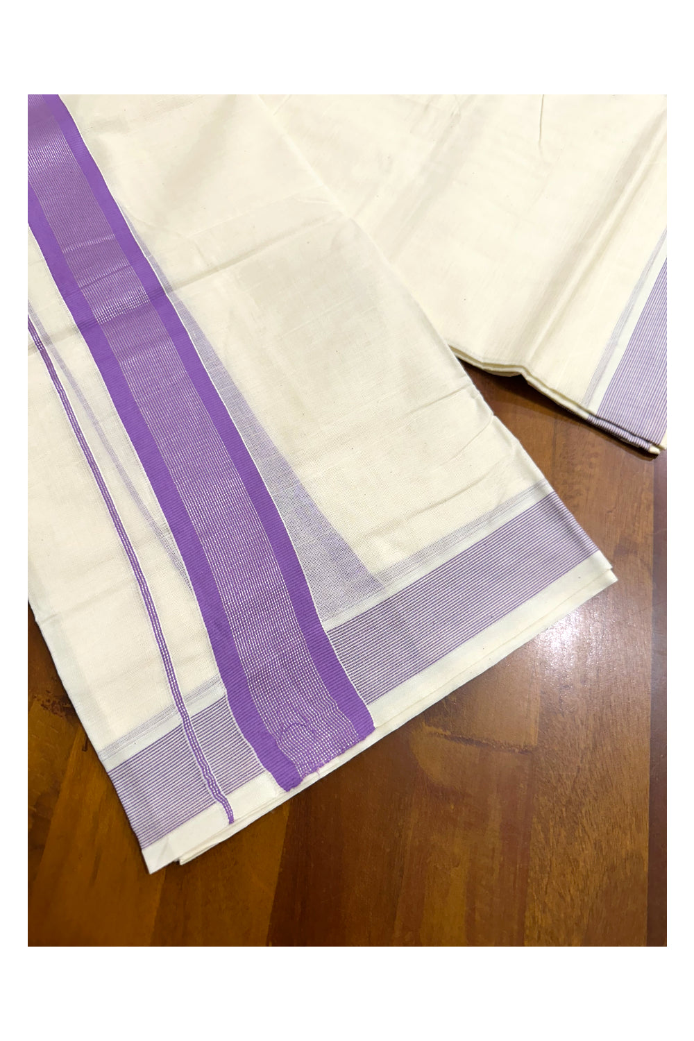 Off White Pure Cotton Double Mundu with Lavender And Silver Kasavu Border (South Indian Kerala Dhoti)