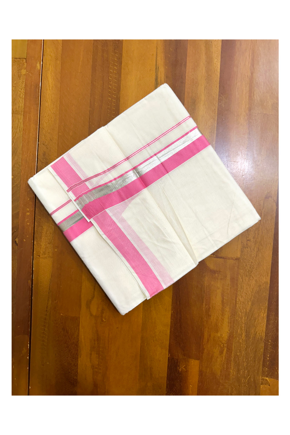 Kerala Pure Cotton Off White Double Mundu with Silver Kasavu And Pink Kara (South Indian Kerala Dhoti)