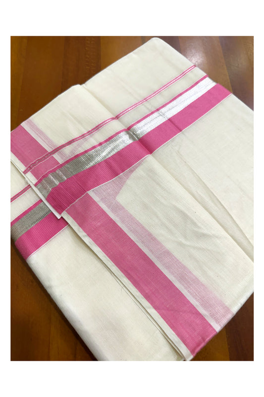 Kerala Pure Cotton Off White Double Mundu with Silver Kasavu And Pink Kara (South Indian Kerala Dhoti)