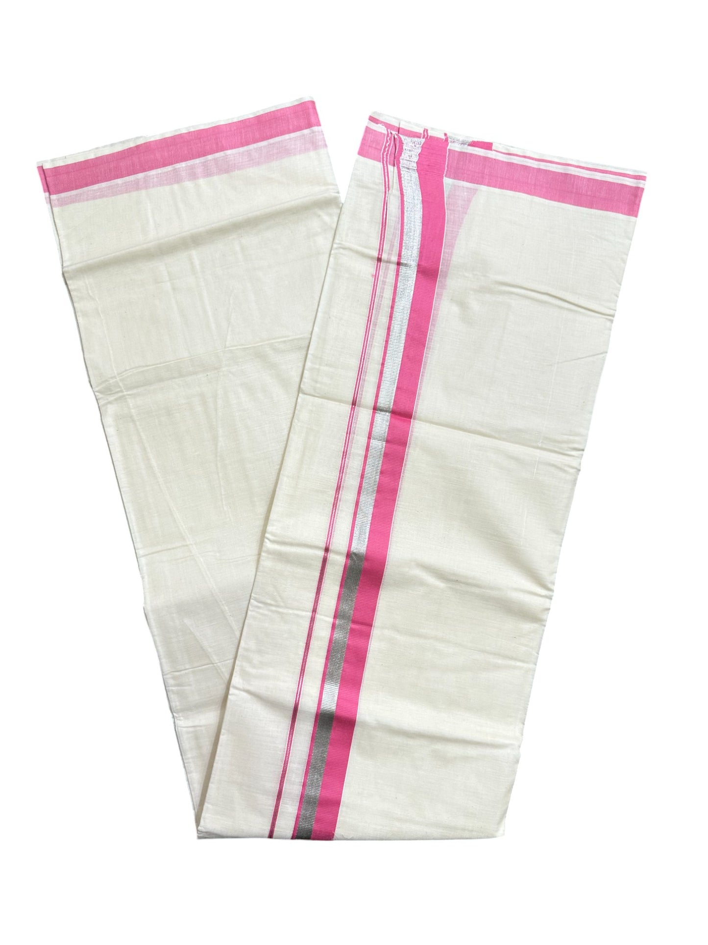 Kerala Pure Cotton Off White Double Mundu with Silver Kasavu And Pink Kara (South Indian Kerala Dhoti)