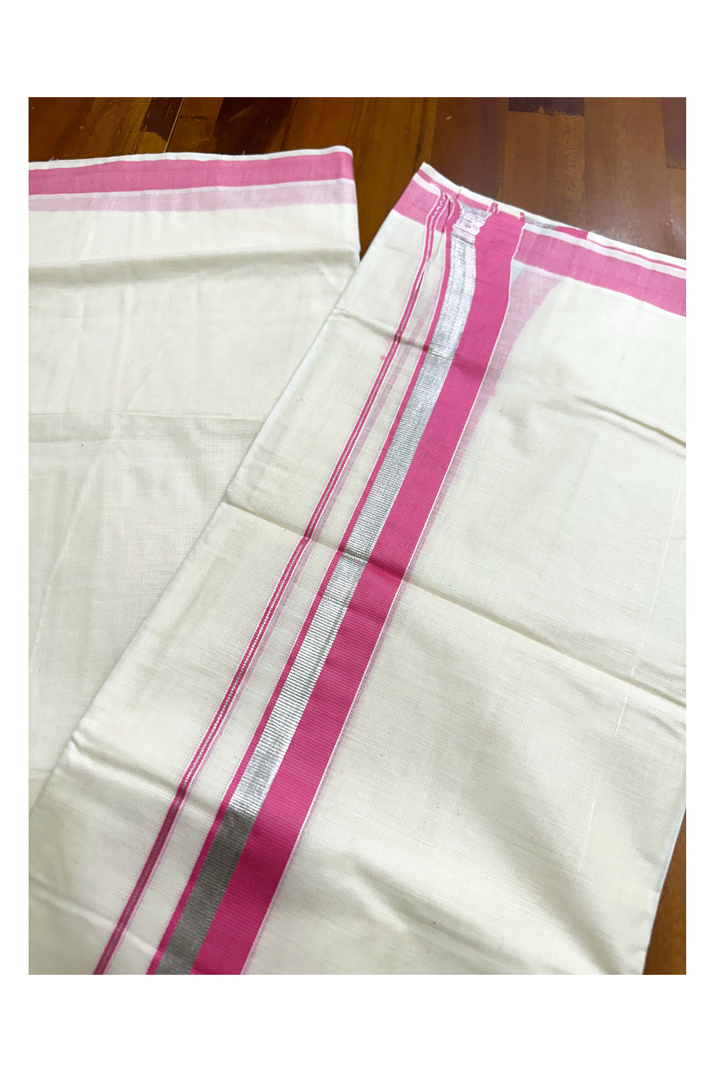 Kerala Pure Cotton Off White Double Mundu with Silver Kasavu And Pink Kara (South Indian Kerala Dhoti)