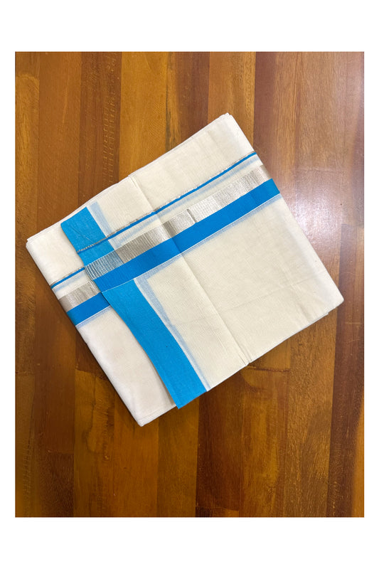 Kerala Pure Cotton Off White Double Mundu with Silver Kasavu And Blue Kara (South Indian Kerala Dhoti)