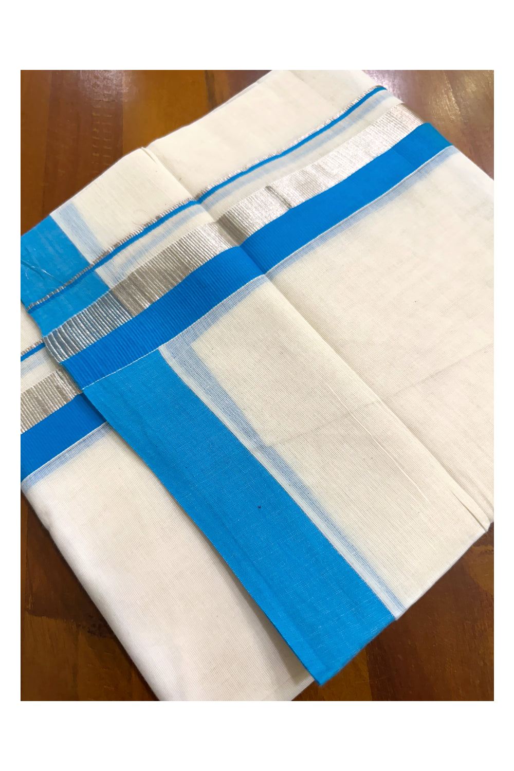 Kerala Pure Cotton Off White Double Mundu with Silver Kasavu And Blue Kara (South Indian Kerala Dhoti)