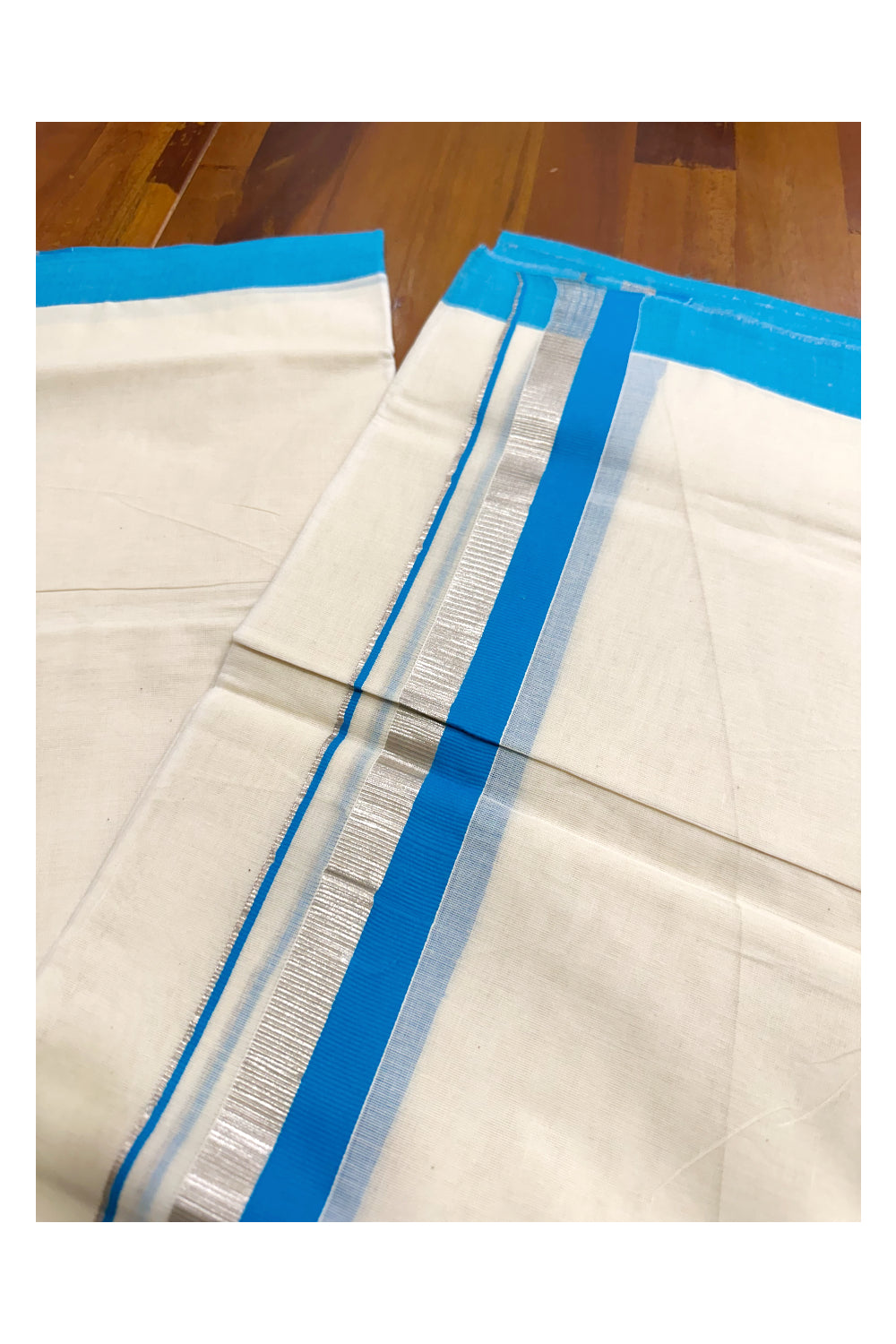 Kerala Pure Cotton Off White Double Mundu with Silver Kasavu And Blue Kara (South Indian Kerala Dhoti)