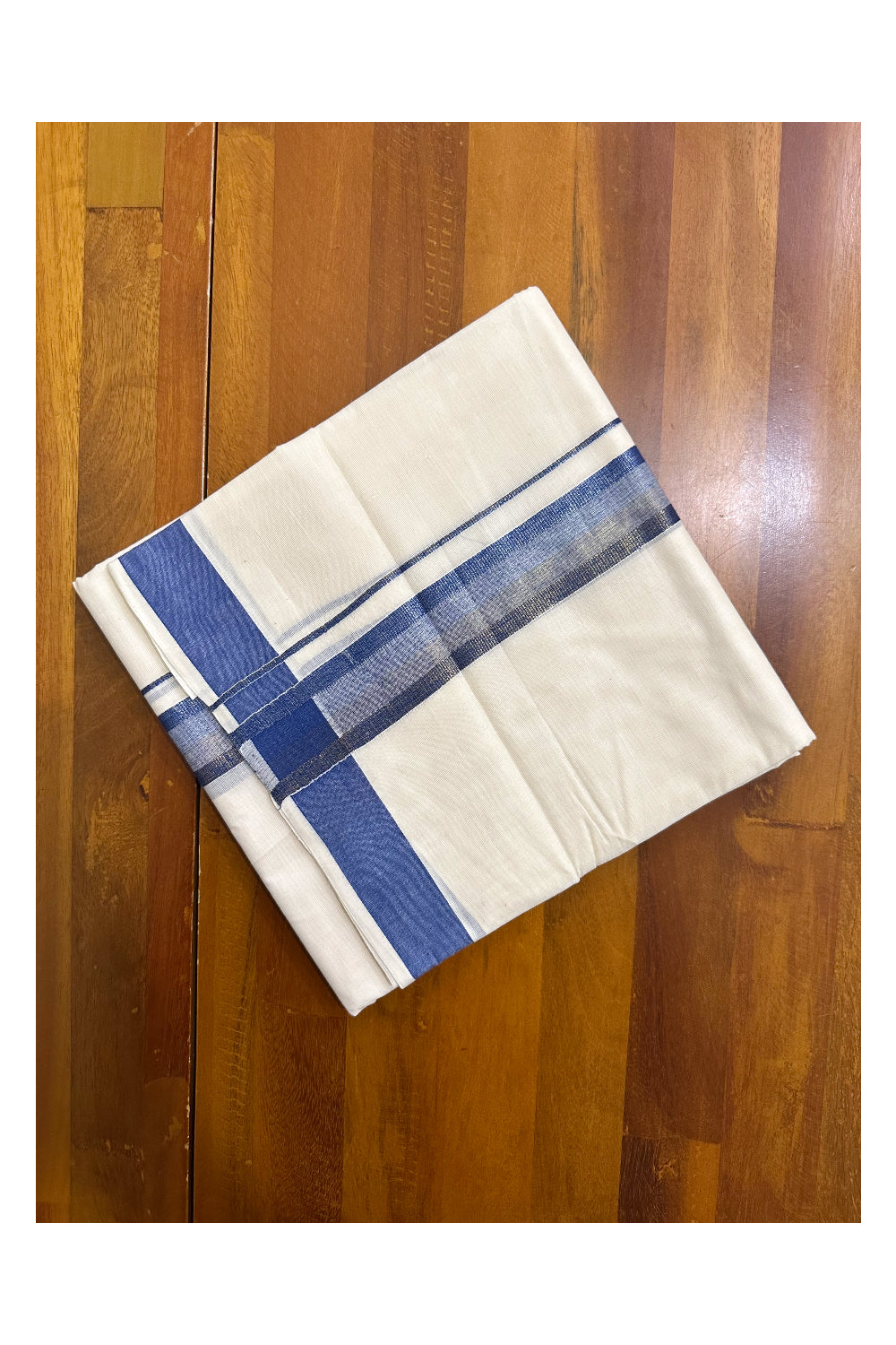 Off White Pure Cotton Double Mundu with Blue Kara (South Indian Kerala Dhoti)